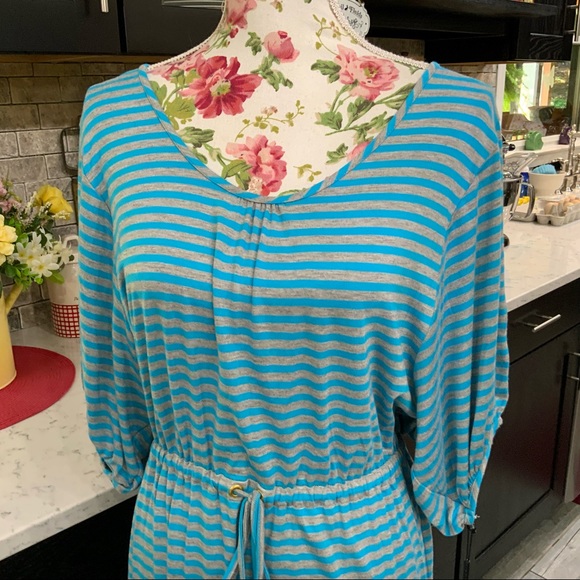 Calvin Klein Blue Gray Striped Drawstring Waist Knit Dress Sz 10 Stretch - Picture 2 of 11